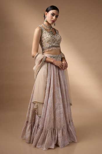 Buy_Rocky Star_Beige Silk, Organza Round Neck Hand Embroidered Blouse Lehenga Set _Online_at_Aza_Fashions