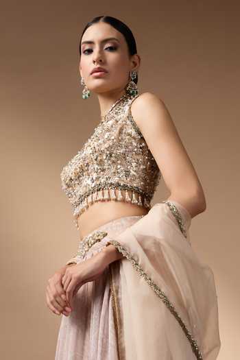 Shop_Rocky Star_Beige Silk, Organza Round Neck Hand Embroidered Blouse Lehenga Set _Online_at_Aza_Fashions