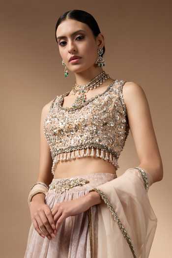 Rocky Star_Beige Silk, Organza Round Neck Hand Embroidered Blouse Lehenga Set _at_Aza_Fashions
