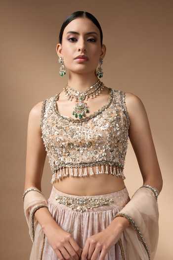 Buy_Rocky Star_Beige Silk, Organza Round Neck Hand Embroidered Blouse Lehenga Set 