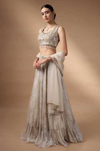 Rocky Star Grey Silk, Organza Scoop Neck Printed Lehenga Blouse Set at Aza Fashions Rocky Star_Grey Silk, Organza Scoop Neck Printed Lehenga Blouse Set _at_Aza_Fashions