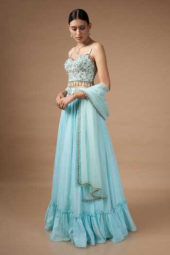 Rocky Star_Blue Organza, Silk Sweetheart Neck Hand Embroidered Lehenga Set _Online_at_Aza_Fashions