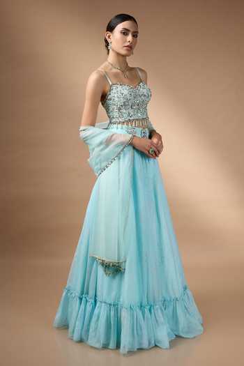 Buy_Rocky Star_Blue Organza, Silk Sweetheart Neck Hand Embroidered Lehenga Set _Online_at_Aza_Fashions