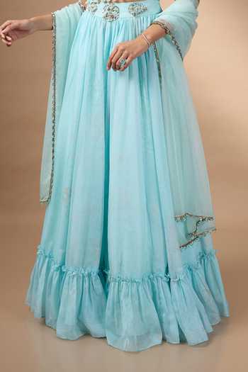 Shop_Rocky Star_Blue Organza, Silk Sweetheart Neck Hand Embroidered Lehenga Set _Online_at_Aza_Fashions