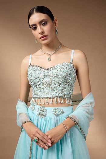 Rocky Star_Blue Organza, Silk Sweetheart Neck Hand Embroidered Lehenga Set _at_Aza_Fashions