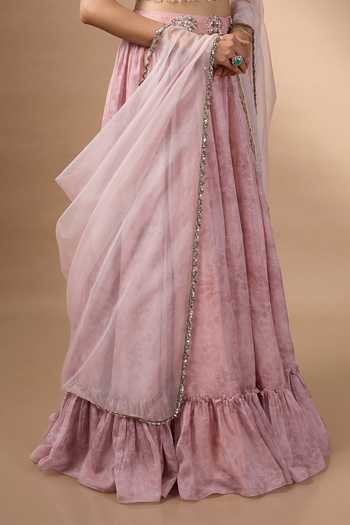 Rocky Star_Pink Organza Sweetheart Neck Printed Lehenga Set _Online_at_Aza_Fashions