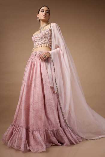 Shop_Rocky Star_Pink Organza Sweetheart Neck Printed Lehenga Set _Online_at_Aza_Fashions