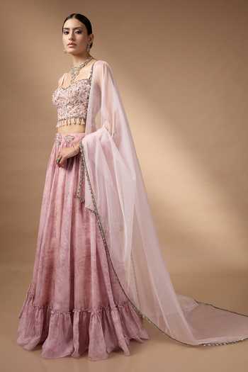 Rocky Star_Pink Organza Sweetheart Neck Printed Lehenga Set _at_Aza_Fashions