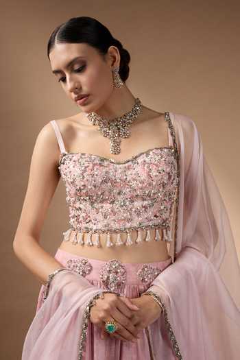 Buy_Rocky Star_Pink Organza Sweetheart Neck Printed Lehenga Set 