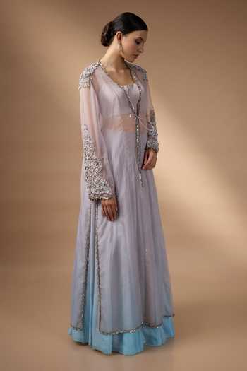 Rocky Star_Blue Silk, Organza Open , Square Hand Embroidered Jacket Lehenga Set _Online_at_Aza_Fashions