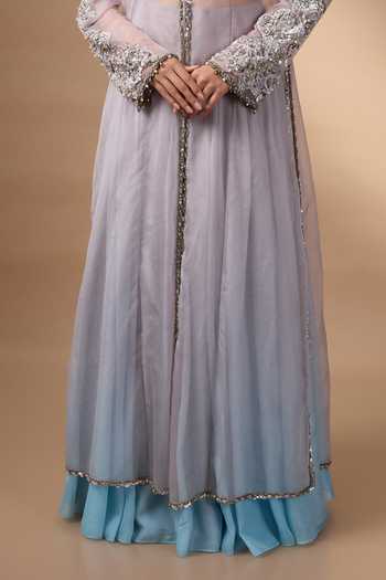 Buy_Rocky Star_Blue Silk, Organza Open , Square Hand Embroidered Jacket Lehenga Set _Online_at_Aza_Fashions