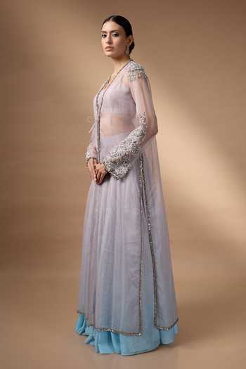 Shop_Rocky Star_Blue Silk, Organza Open , Square Hand Embroidered Jacket Lehenga Set _Online_at_Aza_Fashions