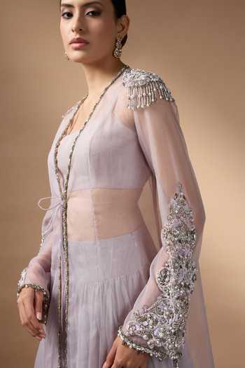 Rocky Star_Blue Silk, Organza Open , Square Hand Embroidered Jacket Lehenga Set _at_Aza_Fashions