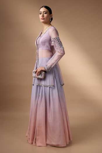 Rocky Star Purple Organza, Silk Open Neck, Embroidered Jacket Skirt Set Online at Aza Fashions Rocky Star_Purple Organza, Silk Open Neck, Embroidered Jacket Skirt Set _Online_at_Aza_Fashions