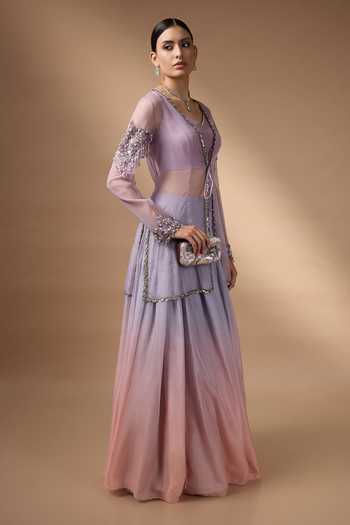 Buy Rocky Star Purple Organza, Silk Open Neck, Embroidered Jacket Skirt Set Online at Aza Fashions Buy_Rocky Star_Purple Organza, Silk Open Neck, Embroidered Jacket Skirt Set _Online_at_Aza_Fashions