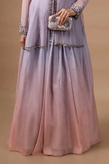 Shop Rocky Star Purple Organza, Silk Open Neck, Embroidered Jacket Skirt Set Online at Aza Fashions Shop_Rocky Star_Purple Organza, Silk Open Neck, Embroidered Jacket Skirt Set _Online_at_Aza_Fashions