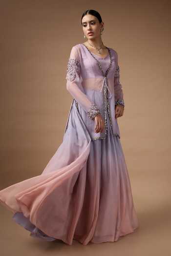 Rocky Star Purple Organza, Silk Open Neck, Embroidered Jacket Skirt Set at Aza Fashions Rocky Star_Purple Organza, Silk Open Neck, Embroidered Jacket Skirt Set _at_Aza_Fashions