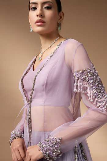 Buy Rocky Star Purple Organza, Silk Open Neck, Embroidered Jacket Skirt Set Buy_Rocky Star_Purple Organza, Silk Open Neck, Embroidered Jacket Skirt Set