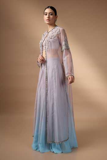 Rocky Star Blue Silk, Organza Round , Bandeau Hand Embroidered Jacket Lehenga Set Online at Aza Fashions Rocky Star_Blue Silk, Organza Round , Bandeau Hand Embroidered Jacket Lehenga Set _Online_at_Aza_Fashions