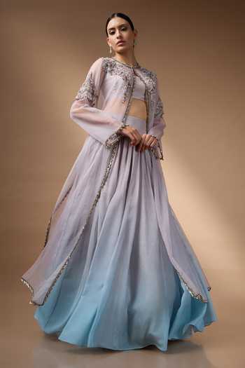Shop Rocky Star Blue Silk, Organza Round , Bandeau Hand Embroidered Jacket Lehenga Set Online at Aza Fashions Shop_Rocky Star_Blue Silk, Organza Round , Bandeau Hand Embroidered Jacket Lehenga Set _Online_at_Aza_Fashions