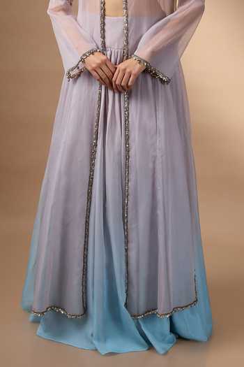 Rocky Star Blue Silk, Organza Round , Bandeau Hand Embroidered Jacket Lehenga Set at Aza Fashions Rocky Star_Blue Silk, Organza Round , Bandeau Hand Embroidered Jacket Lehenga Set _at_Aza_Fashions