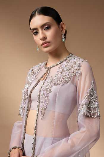Buy Rocky Star Blue Silk, Organza Round , Bandeau Hand Embroidered Jacket Lehenga Set Buy_Rocky Star_Blue Silk, Organza Round , Bandeau Hand Embroidered Jacket Lehenga Set