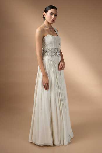 Rocky Star_Ivory Georgette Sequins, Beads, Stones Embroidered Corset And Skirt Set _Online_at_Aza_Fashions