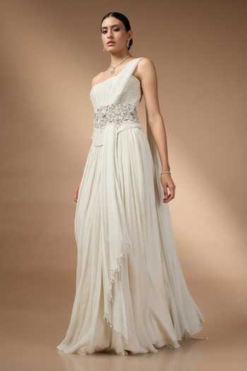 Buy_Rocky Star_Ivory Georgette Sequins, Beads, Stones Embroidered Corset And Skirt Set _Online_at_Aza_Fashions