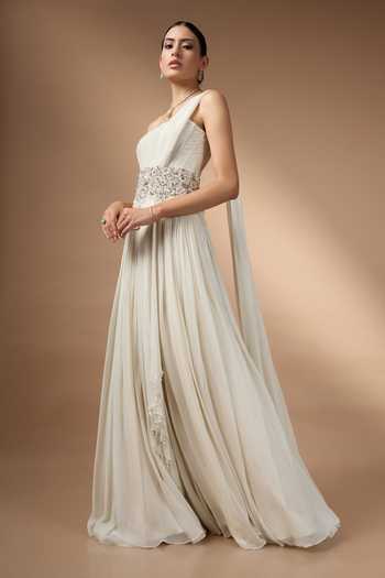 Shop_Rocky Star_Ivory Georgette Sequins, Beads, Stones Embroidered Corset And Skirt Set _Online_at_Aza_Fashions