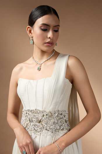 Buy_Rocky Star_Ivory Georgette Sequins, Beads, Stones Embroidered Corset And Skirt Set 