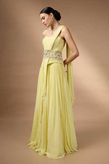 Buy_Rocky Star_Yellow Georgette Sequins, Beads, Stones Hand Embroidered Corset And Skirt Set _Online_at_Aza_Fashions