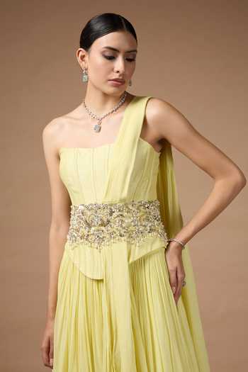 Shop_Rocky Star_Yellow Georgette Sequins, Beads, Stones Hand Embroidered Corset And Skirt Set _Online_at_Aza_Fashions