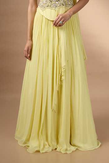 Rocky Star_Yellow Georgette Sequins, Beads, Stones Hand Embroidered Corset And Skirt Set _at_Aza_Fashions