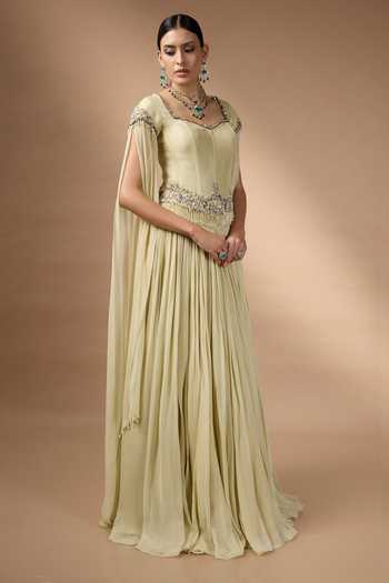 Rocky Star Yellow Georgette Beads, Pearls, Hand Embroidered Metallic Corset And Skirt Set Online at Aza Fashions Rocky Star_Yellow Georgette Beads, Pearls, Hand Embroidered Metallic Corset And Skirt Set _Online_at_Aza_Fashions