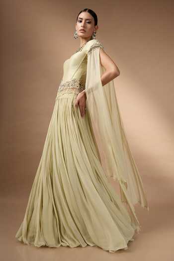 Buy Rocky Star Yellow Georgette Beads, Pearls, Hand Embroidered Metallic Corset And Skirt Set Online at Aza Fashions Buy_Rocky Star_Yellow Georgette Beads, Pearls, Hand Embroidered Metallic Corset And Skirt Set _Online_at_Aza_Fashions