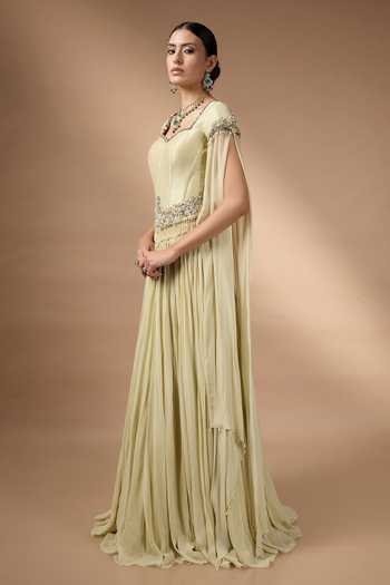 Shop Rocky Star Yellow Georgette Beads, Pearls, Hand Embroidered Metallic Corset And Skirt Set Online at Aza Fashions Shop_Rocky Star_Yellow Georgette Beads, Pearls, Hand Embroidered Metallic Corset And Skirt Set _Online_at_Aza_Fashions