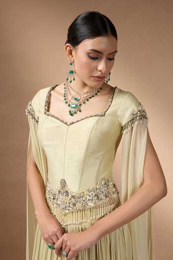 Buy Rocky Star Yellow Georgette Beads, Pearls, Hand Embroidered Metallic Corset And Skirt Set Buy_Rocky Star_Yellow Georgette Beads, Pearls, Hand Embroidered Metallic Corset And Skirt Set