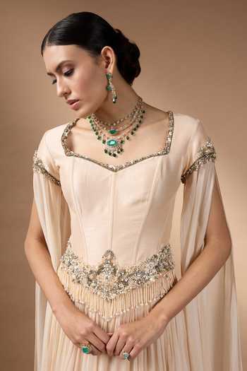 Buy Rocky Star Cream Silk, Georgette Beads, Pearls, Stones Hand Embroidered Corset And Skirt Set Buy_Rocky Star_Cream Silk, Georgette Beads, Pearls, Stones Hand Embroidered Corset And Skirt Set