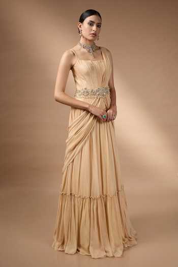 Rocky Star Peach Georgette Beads, Pearls, Hand Embroidered Metallic Corset And Skirt Set Online at Aza Fashions Rocky Star_Peach Georgette Beads, Pearls, Hand Embroidered Metallic Corset And Skirt Set _Online_at_Aza_Fashions