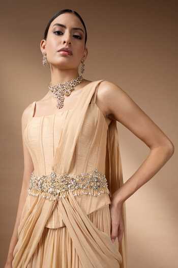 Shop Rocky Star Peach Georgette Beads, Pearls, Hand Embroidered Metallic Corset And Skirt Set Online at Aza Fashions Shop_Rocky Star_Peach Georgette Beads, Pearls, Hand Embroidered Metallic Corset And Skirt Set _Online_at_Aza_Fashions
