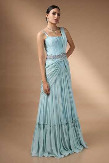 Rocky Star_Blue Silk, Georgette Beads, Stones, Tassels Square Metallic Corset And Skirt Set _Online_at_Aza_Fashions
