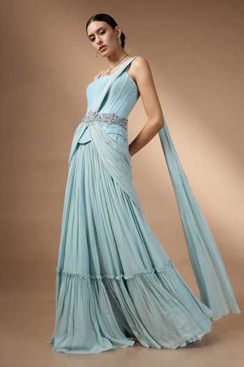 Buy_Rocky Star_Blue Silk, Georgette Beads, Stones, Tassels Square Metallic Corset And Skirt Set _Online_at_Aza_Fashions