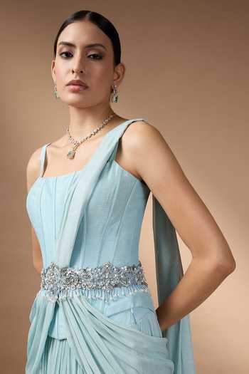Shop_Rocky Star_Blue Silk, Georgette Beads, Stones, Tassels Square Metallic Corset And Skirt Set _Online_at_Aza_Fashions