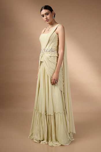 Rocky Star Yellow Georgette Stones Square Neck Embroidered Metallic Corset And Skirt Set Online at Aza Fashions Rocky Star_Yellow Georgette Stones Square Neck Embroidered Metallic Corset And Skirt Set _Online_at_Aza_Fashions