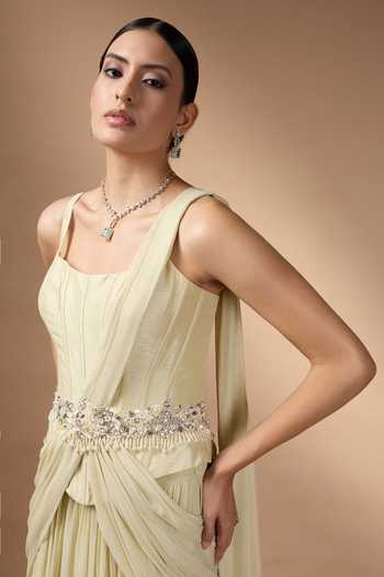 Shop Rocky Star Yellow Georgette Stones Square Neck Embroidered Metallic Corset And Skirt Set Online at Aza Fashions Shop_Rocky Star_Yellow Georgette Stones Square Neck Embroidered Metallic Corset And Skirt Set _Online_at_Aza_Fashions