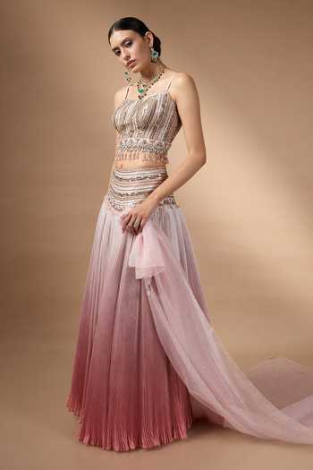 Rocky Star_Pink Silk, Organza Square Neck Ombre Embroidered Lehenga Set _Online_at_Aza_Fashions