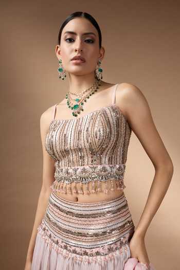 Buy_Rocky Star_Pink Silk, Organza Square Neck Ombre Embroidered Lehenga Set _Online_at_Aza_Fashions