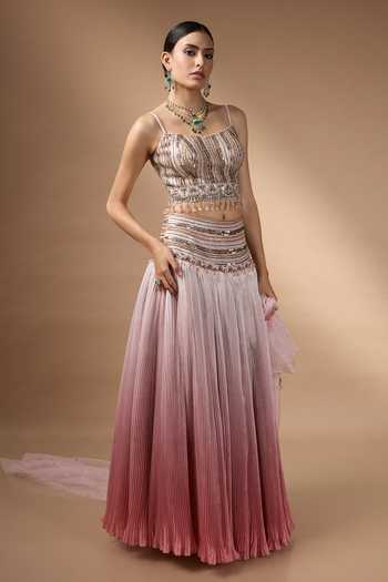 Shop_Rocky Star_Pink Silk, Organza Square Neck Ombre Embroidered Lehenga Set _Online_at_Aza_Fashions