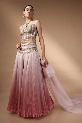 Rocky Star_Pink Silk, Organza Square Neck Ombre Embroidered Lehenga Set _at_Aza_Fashions