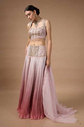 Rocky Star_Pink Silk, Organza Square Neck Ombre Embroidered Lehenga Set _Online_at_Aza_Fashions